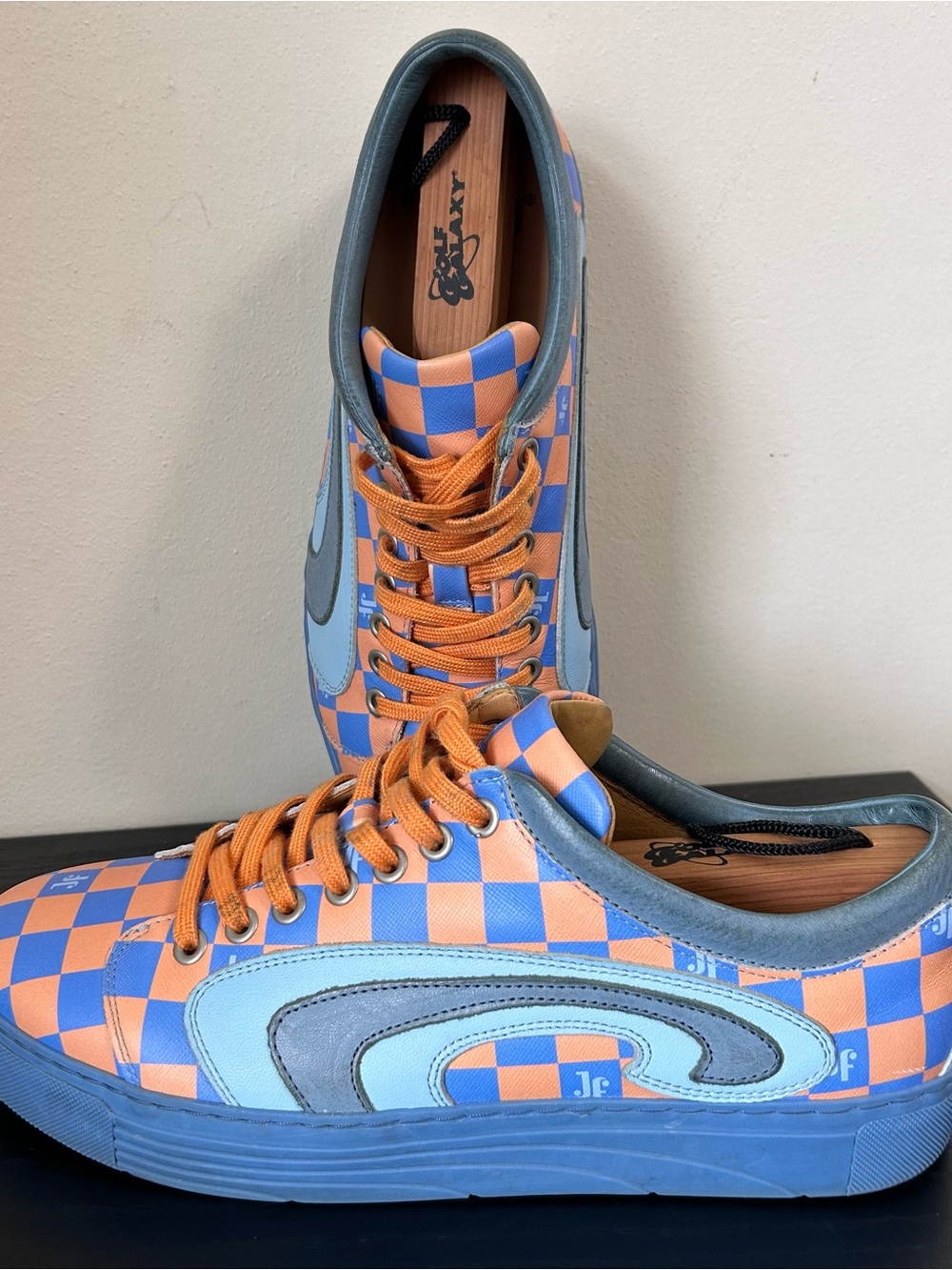 John Fluevog LoPro Fakie Men’s 10 Blue Orange Checkered Sneakers Shoes Leather